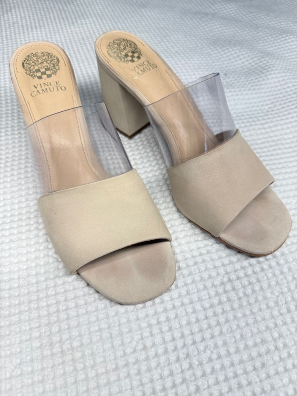 Vince Camuto Nude Beige Block Heel Slide Sandals with Clear Strap - Size 8